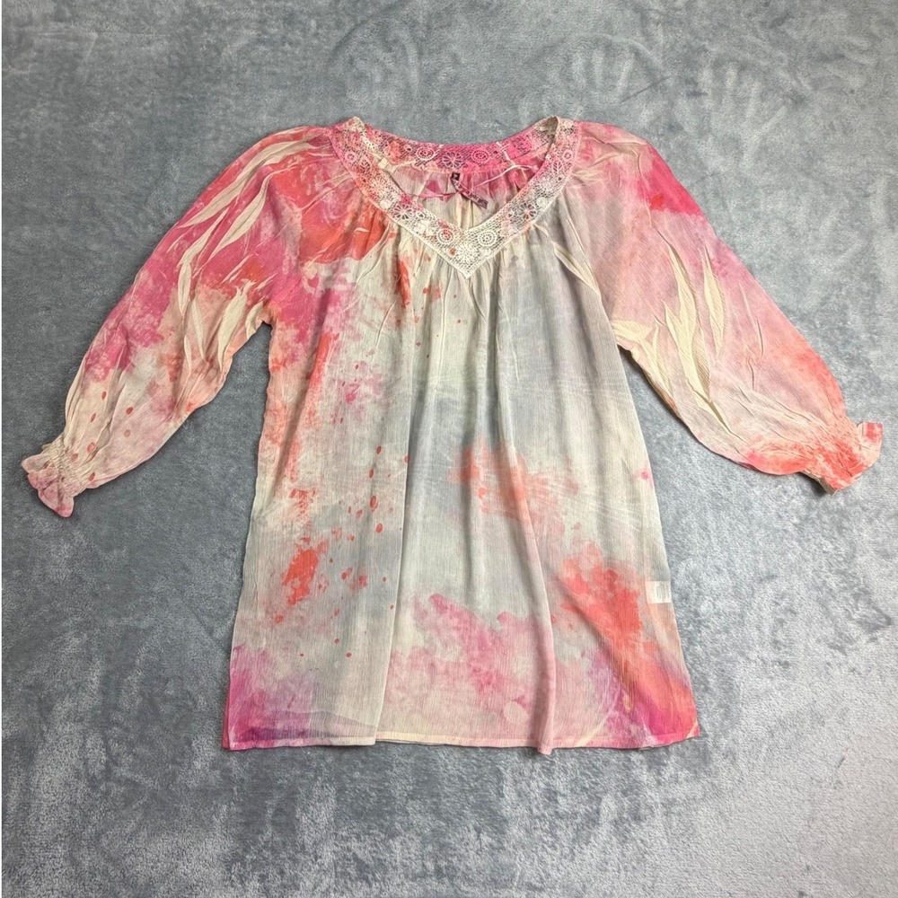 Mustard Seed Sienna Rose Pink Tie Dye Crochet Lace Boho Peasant Tunic Blouse L